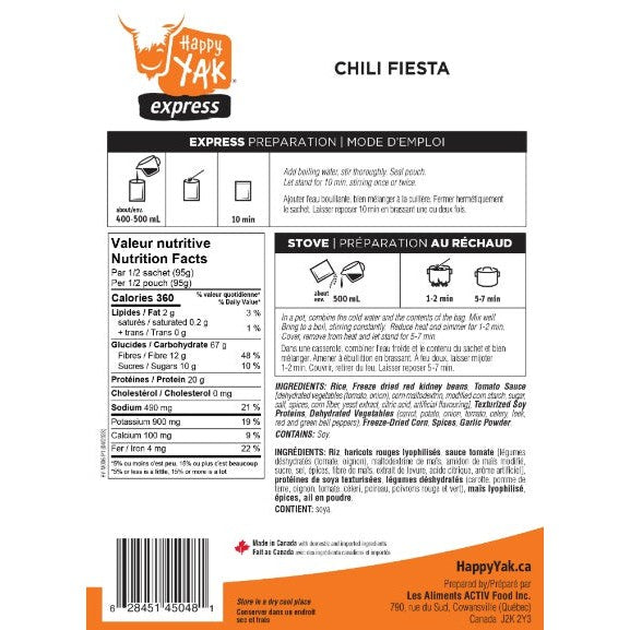 HAPPY YAK Chili Fiesta Vegan - Repas lyophilisé-Nourriture lyophilisée-Caroune Ski Shop